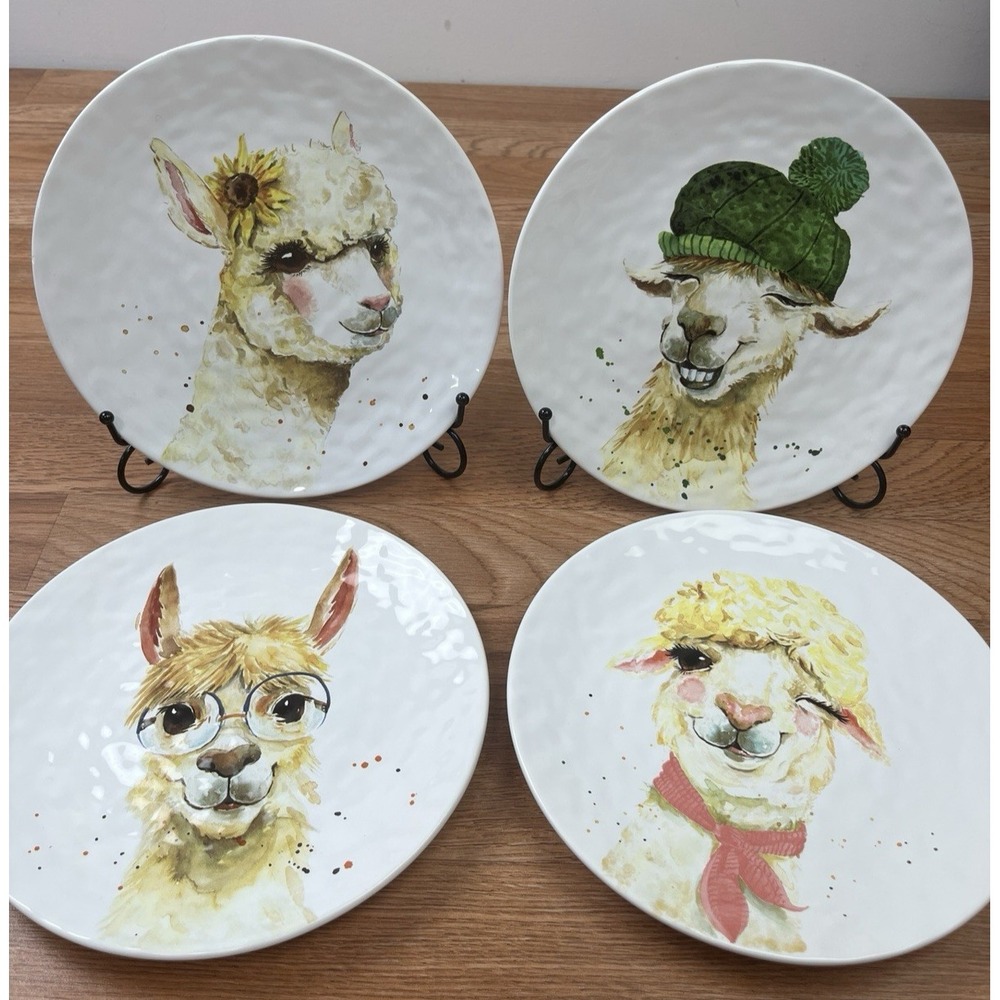Pier 1 Alpaca Llama Earthenware Plates 8.5" Watercolor Art Set of 4 Whimsical